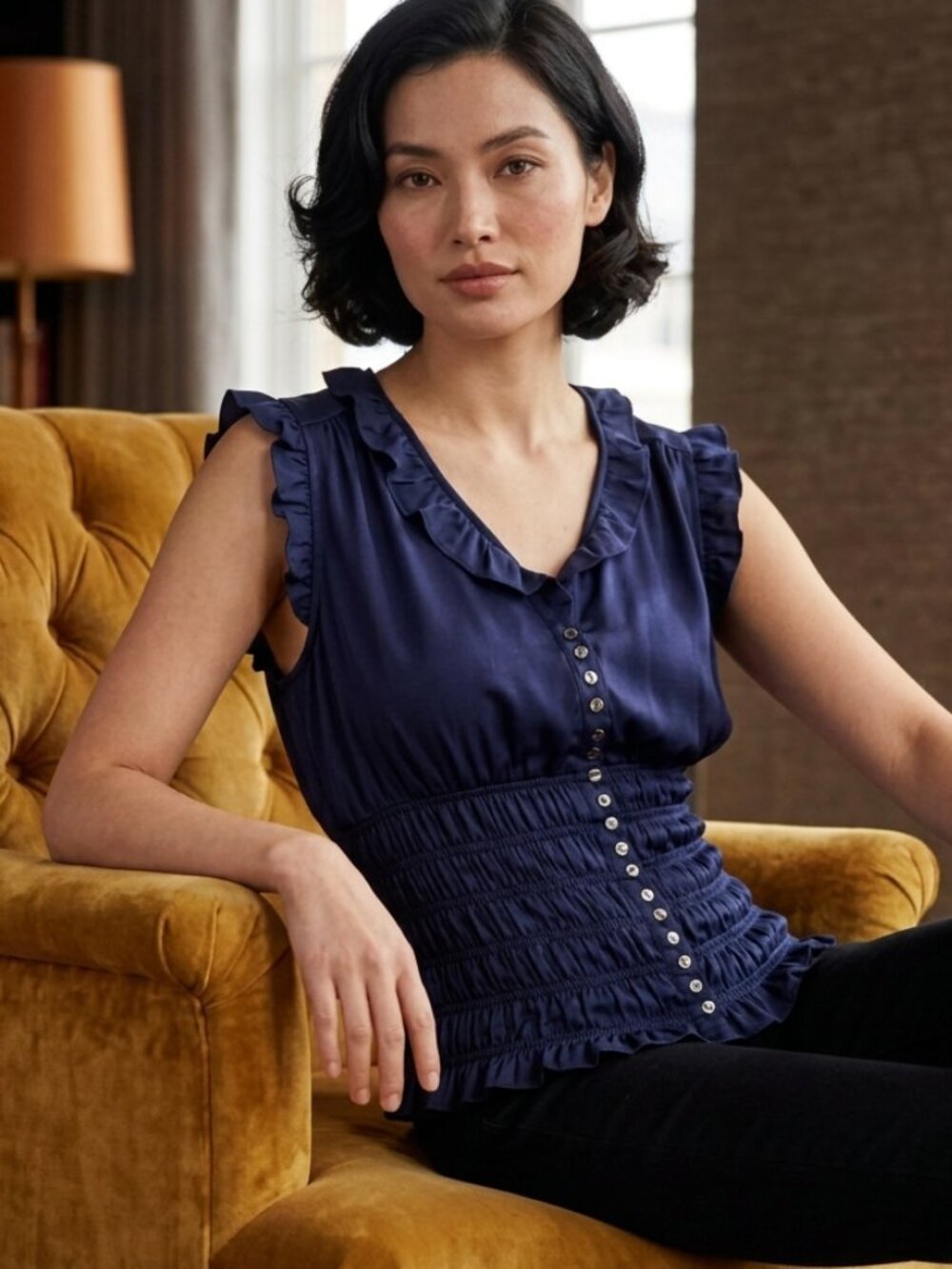 Antonio Melani Deep Blue Ruffle Sleeve Smocked Waist Blouse